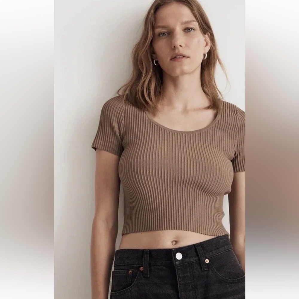Madewell Ottoman Crop Ribbed Knit Sweater Tee In Light Umber Size S